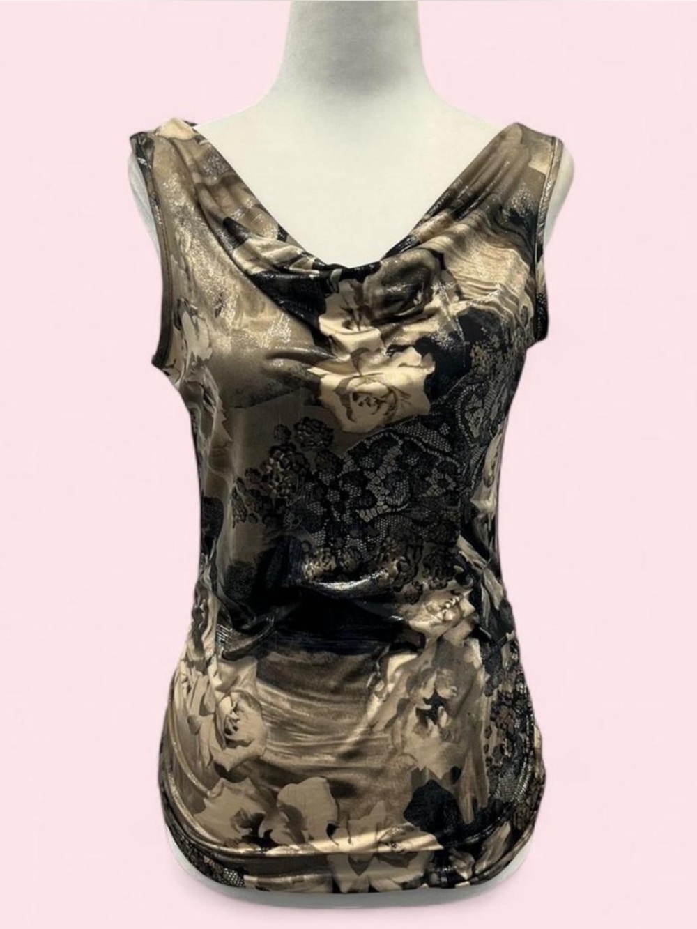 Y2K Metallic Abstract Floral Cowl Neck Camisole Tank